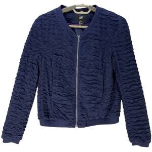 HM Bomber Jacket Women Size 4 Dark Navy Blue Textured Full Zip Front Y2K Retro